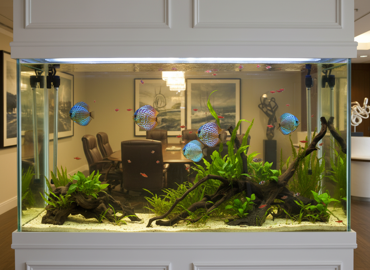 Built-in wall aquarium with exotic fish between two rooms in a luxury corporate office, warm ambient lighting, no text