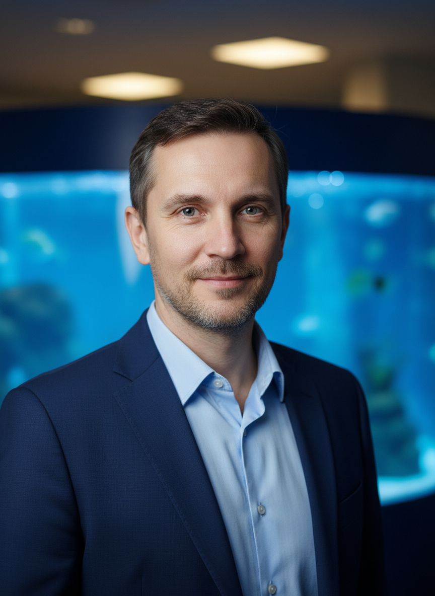 Professional Russian male aquarium designer in his 40s wearing smart casual clothes, confident portrait, no text