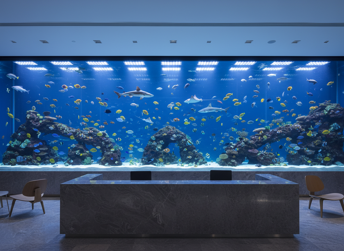 Massive panoramic aquarium with sharks and stingrays in a premium business center reception area, deep blue water, no text