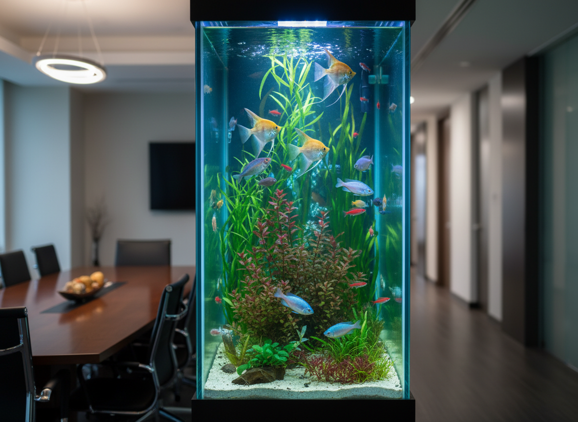 Elegant built-in aquarium as a room divider in a high-end corporate meeting room with colorful fish, no text