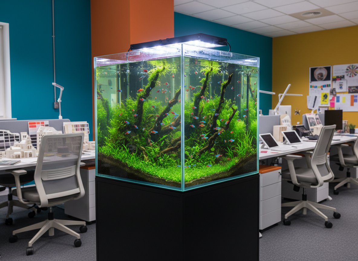 Modern freestanding rectangular island aquarium with live plants and neon fish in a creative agency office, no text